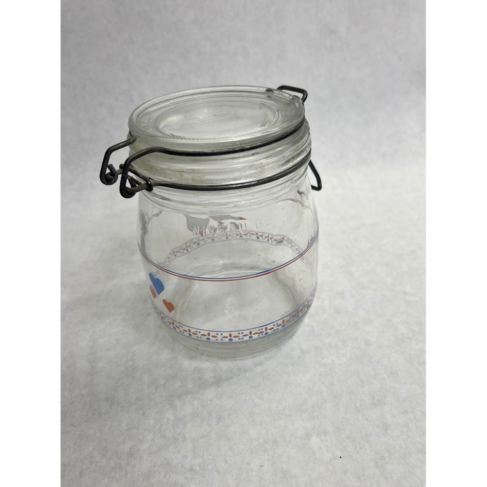 Vintage Arc France Glass Canister Country Goose Hearts Wire Bail Lid Jar 315